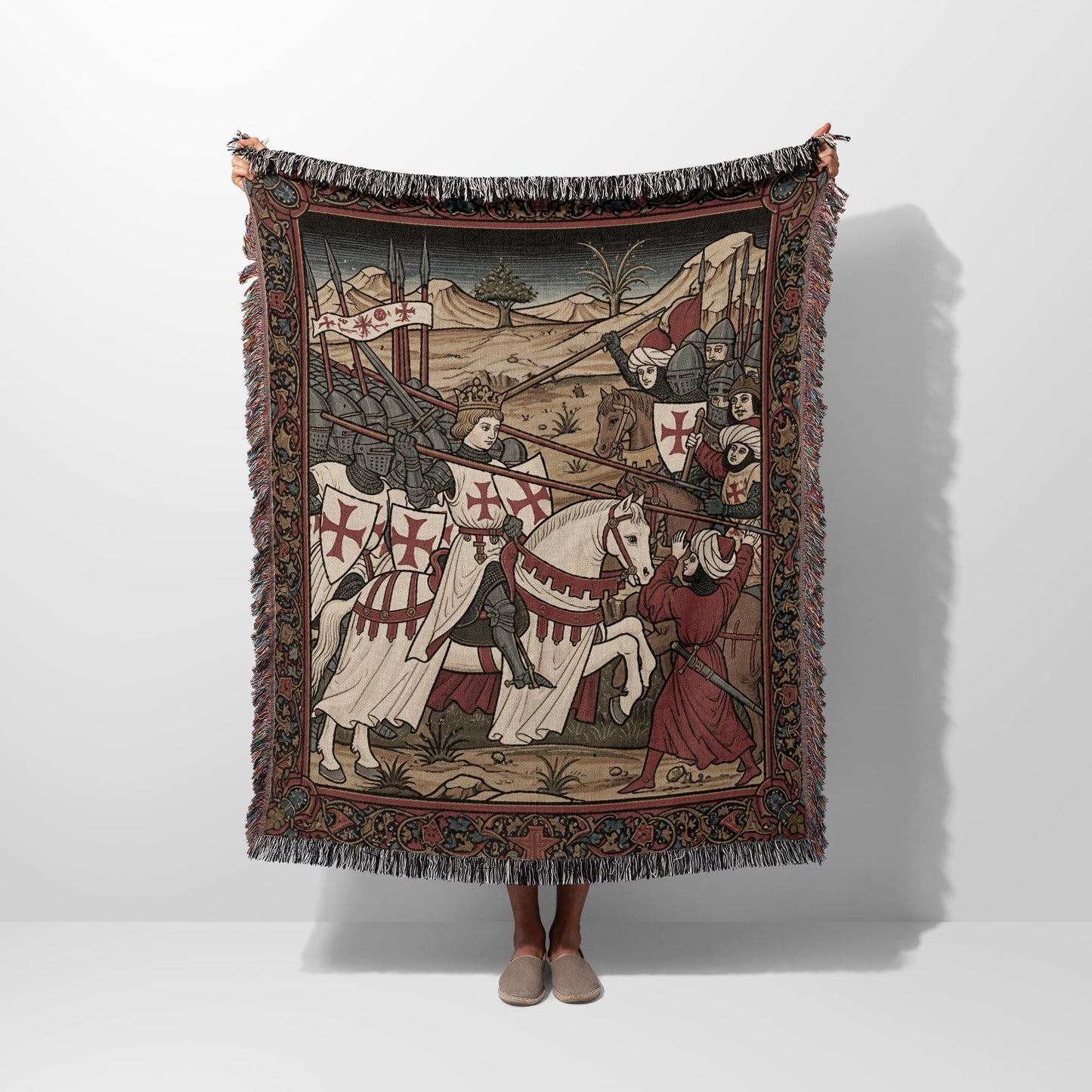Tapestry depicts medieval knights on horseback in battle.