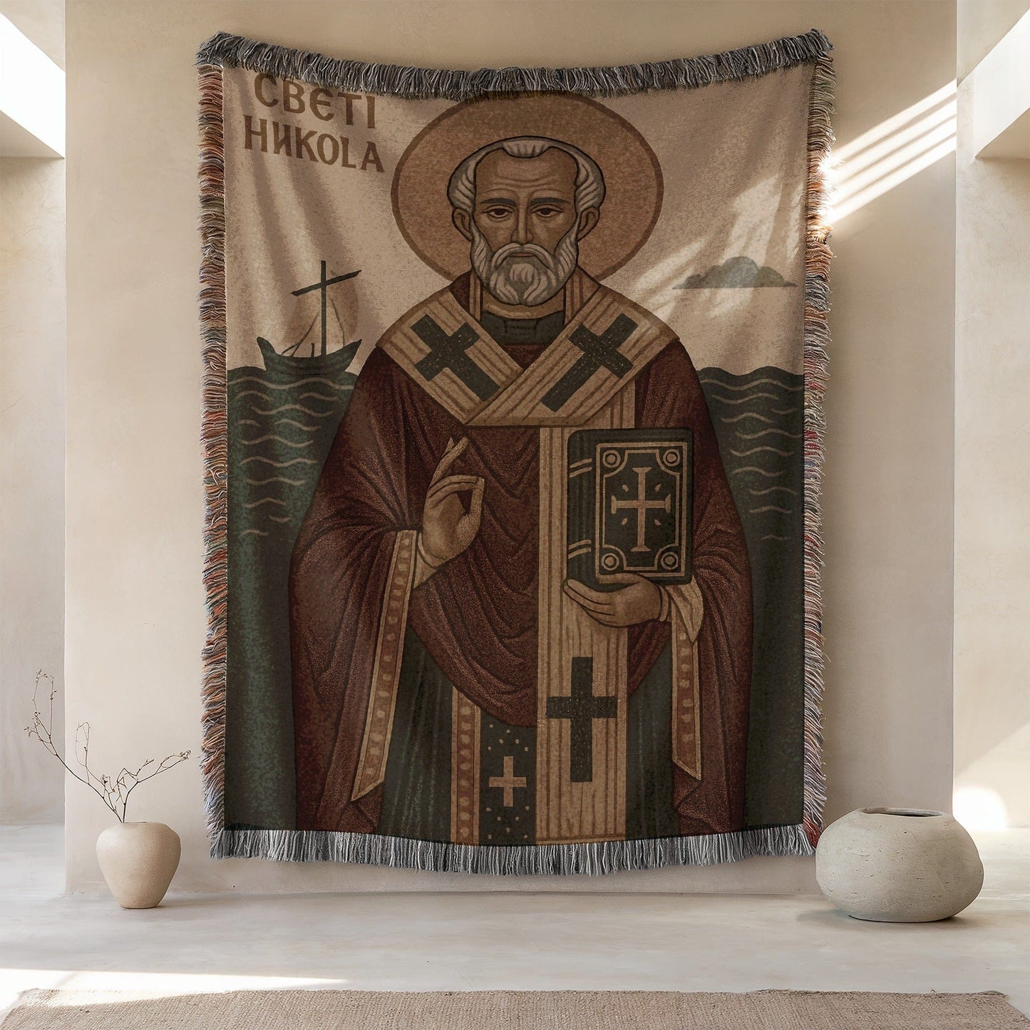 Saint Nicholas Icon on Tapestry Wall Hanging Decor