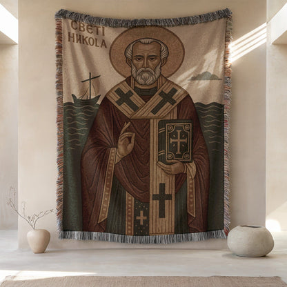 Saint Nicholas Icon on Tapestry Wall Hanging Decor