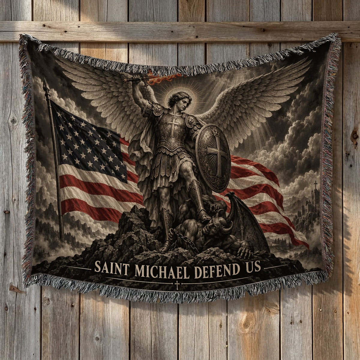 Woven throw blanket featuring Saint Michael subduing a demon before an American flag and the text Saint Michael Defend Us.