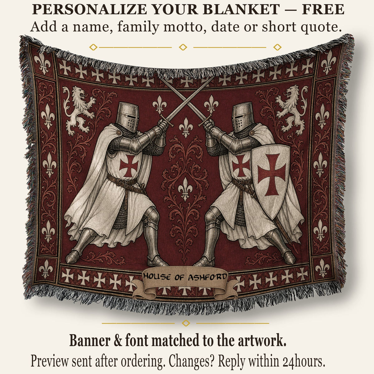 MyDesigns Medieval Blanket – Two Templar Knights Crossing Swords Woven Throw jacquard woven blanket