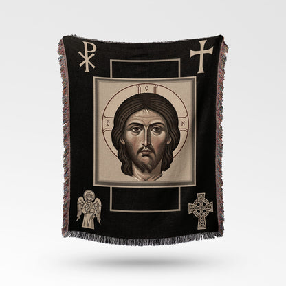 Tapestry featuring Jesus Christ icon with Celtic cross and angel.