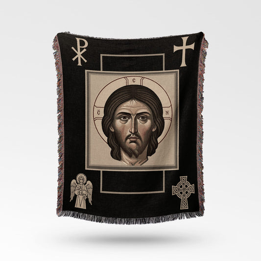 Tapestry featuring Jesus Christ icon with Celtic cross and angel.