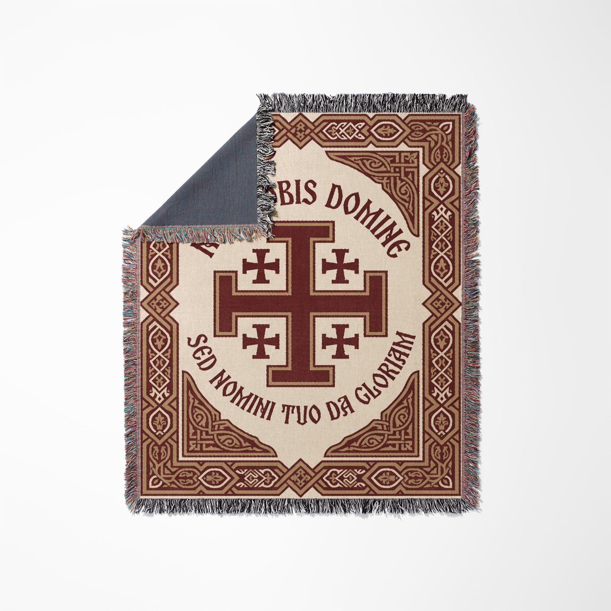 Woven blanket with Jerusalem Cross and Latin text "SOLI DEO GLORIA SED IN NOMINI TUO DA GLORIAM".