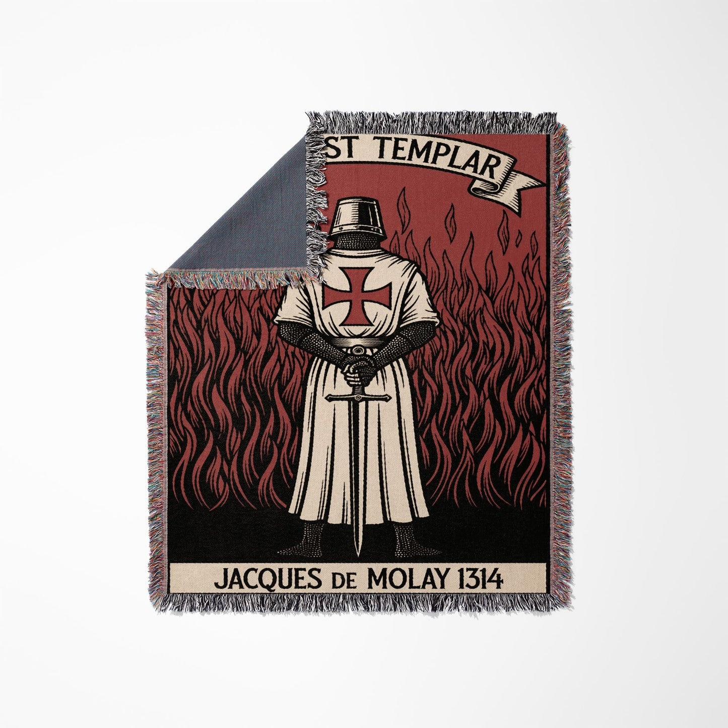 Knight Templar holding sword with "Jacques de Molay 1314" text on a fiery blanket.