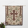 Ornate Floral Cross Motif Beige Background Orthodox Woven Blanket