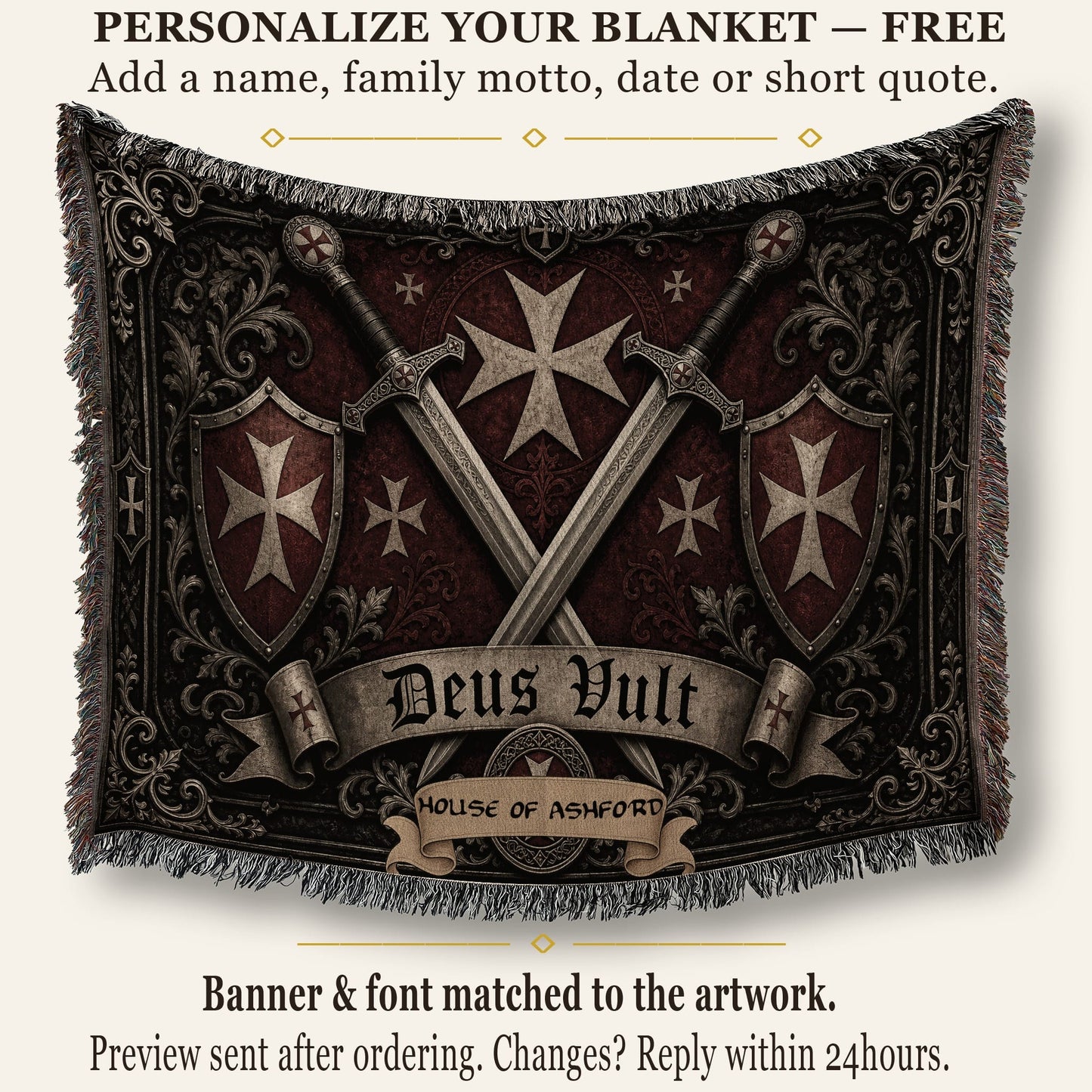 MyDesigns Medieval Wall Hanging – Deus Vult Crossed Swords Woven Blanket, Grey Frame jacquard woven blanket