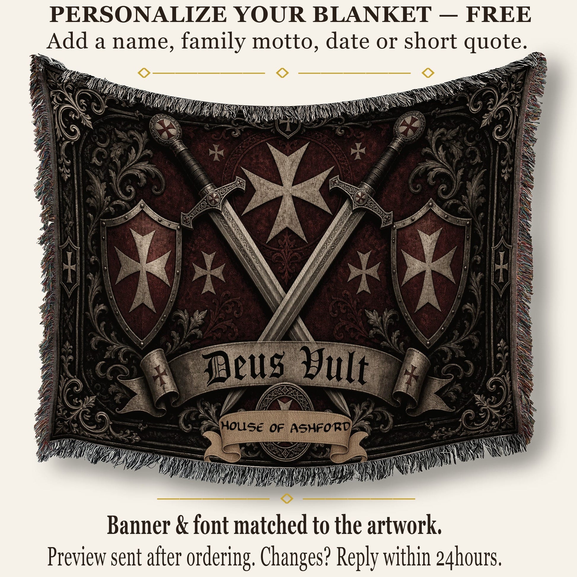 MyDesigns Medieval Wall Hanging – Deus Vult Crossed Swords Woven Blanket, Grey Frame jacquard woven blanket