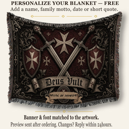 MyDesigns Medieval Wall Hanging – Deus Vult Crossed Swords Woven Blanket, Grey Frame jacquard woven blanket