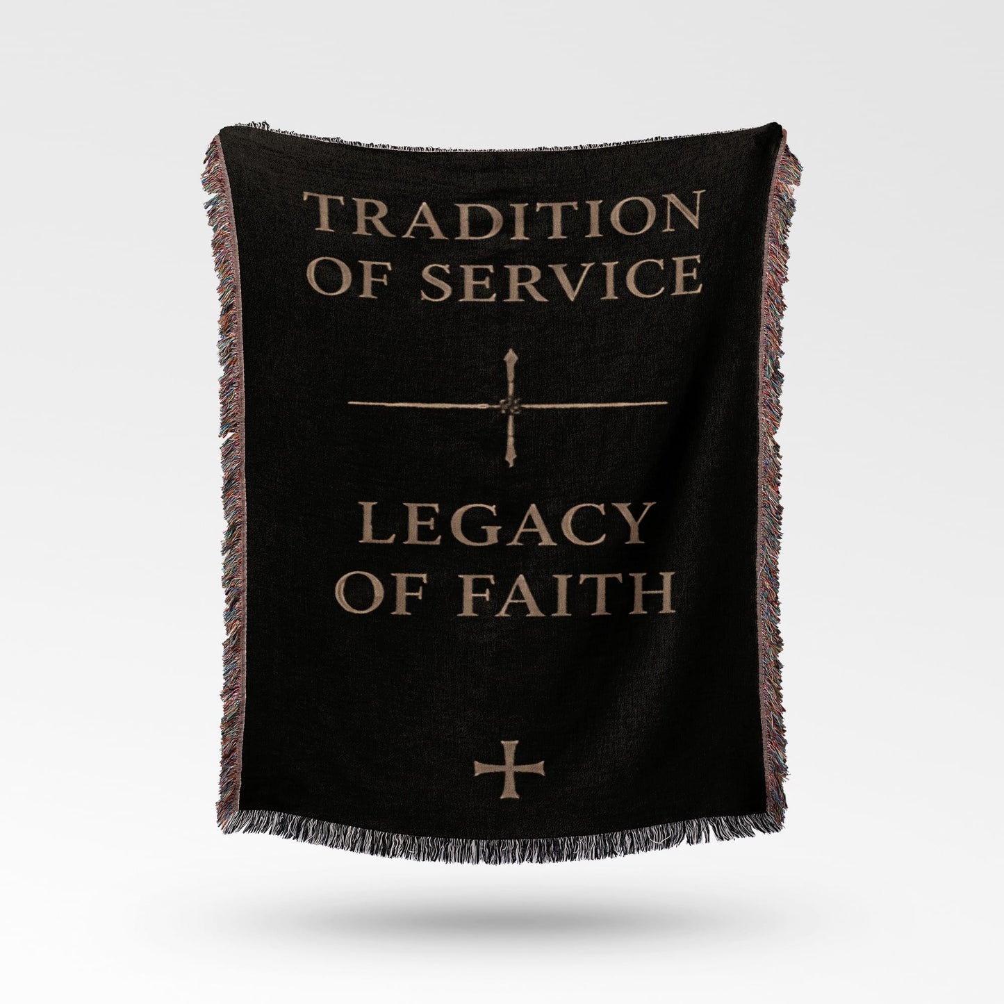 Black throw blanket with "Tradition of Service," a cross, and "Legacy of Faith."