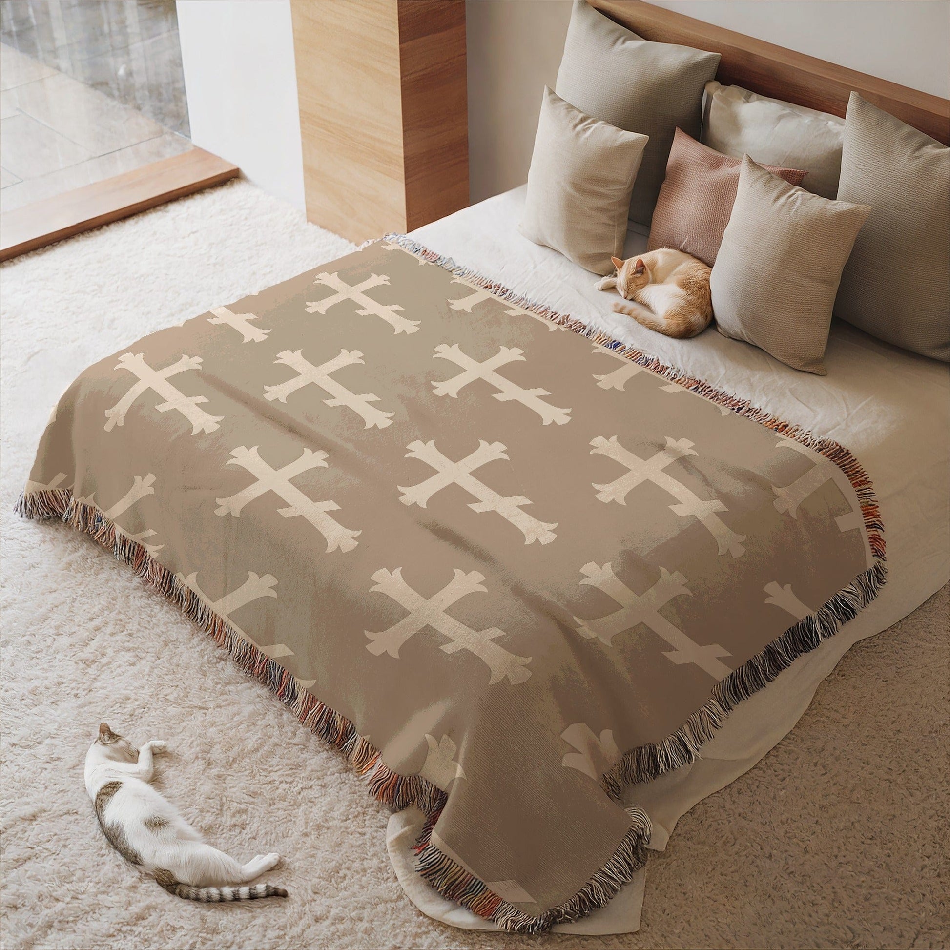 Cozy Decorative Blanket with Cat and Cross Pattern