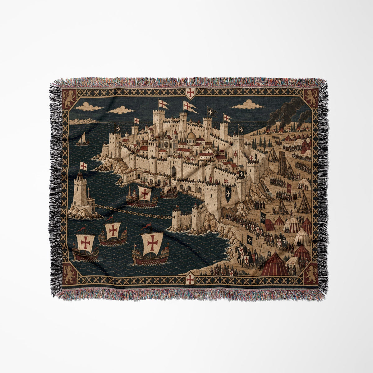 CalmNestStyle Crusader Harbor Siege I Smoke over the City jacquard woven blanket