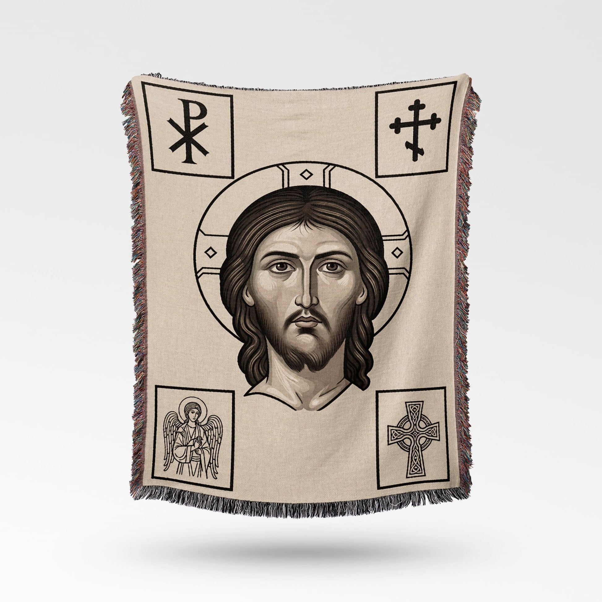 Tapestry with Jesus Christ icon, Chi Rho, Celtic cross, and angel.
