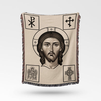 Tapestry with Jesus Christ icon, Chi Rho, Celtic cross, and angel.