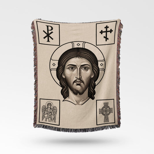 Tapestry with Jesus Christ icon, Chi Rho, Celtic cross, and angel.