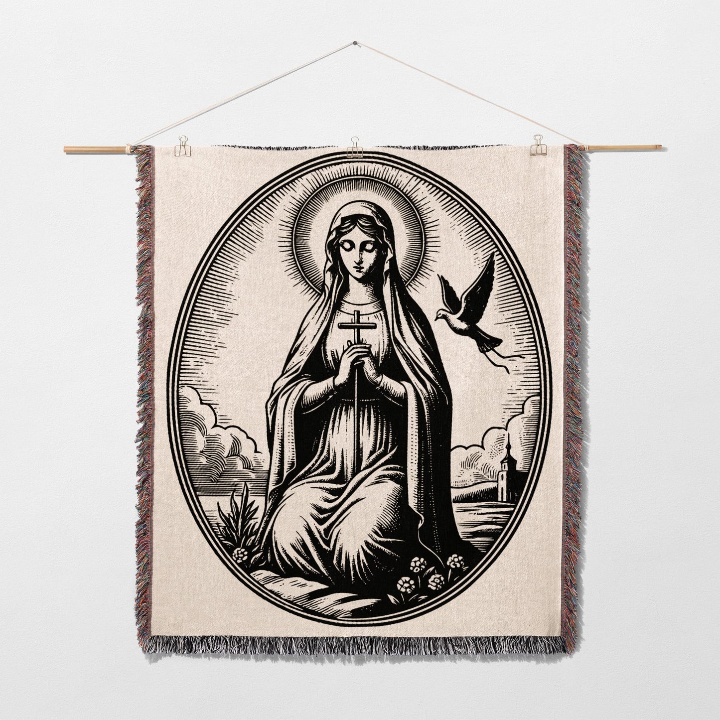 Tapestry of Mary with halo, praying hands, and dove in oval frame.