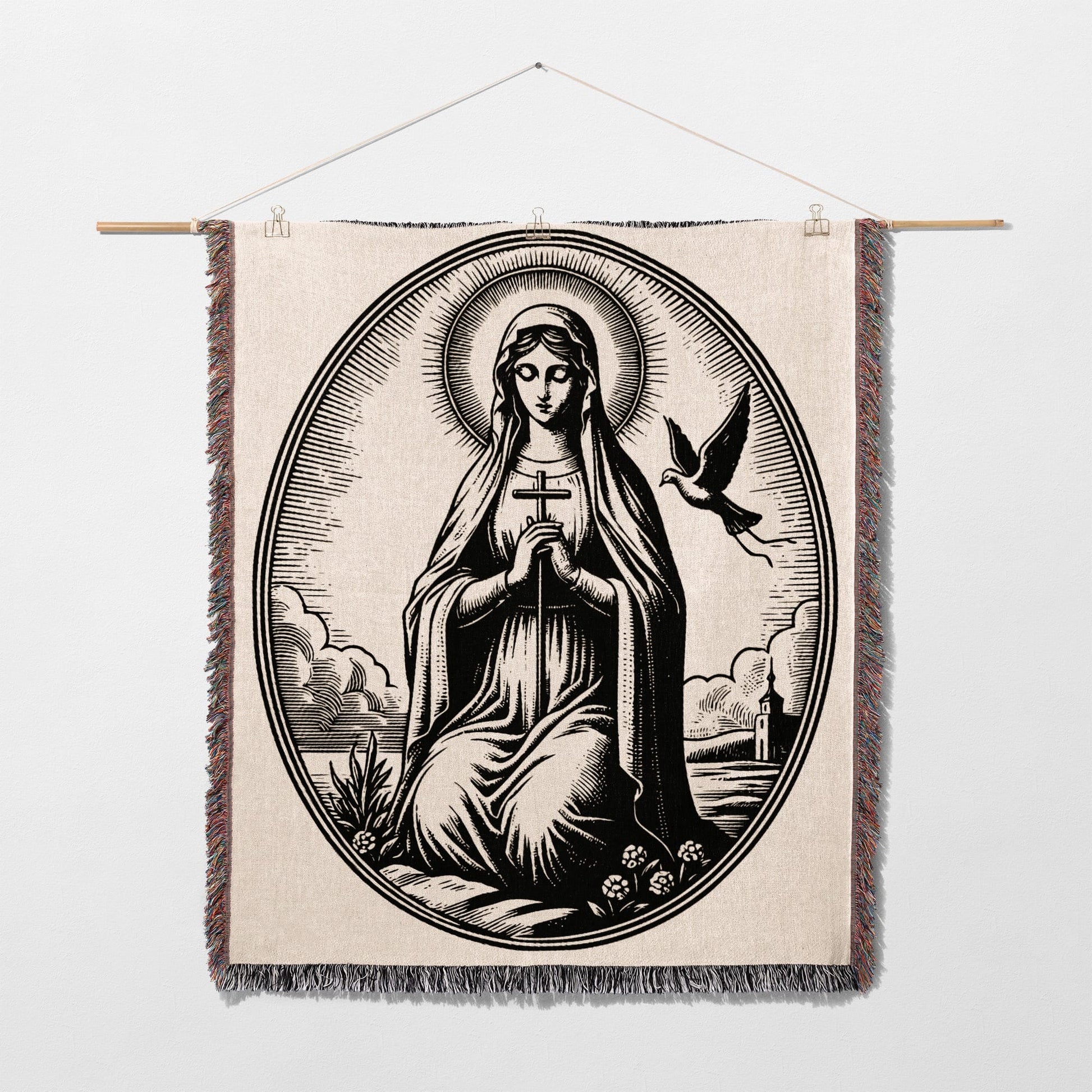 Tapestry of Mary with halo, praying hands, and dove in oval frame.