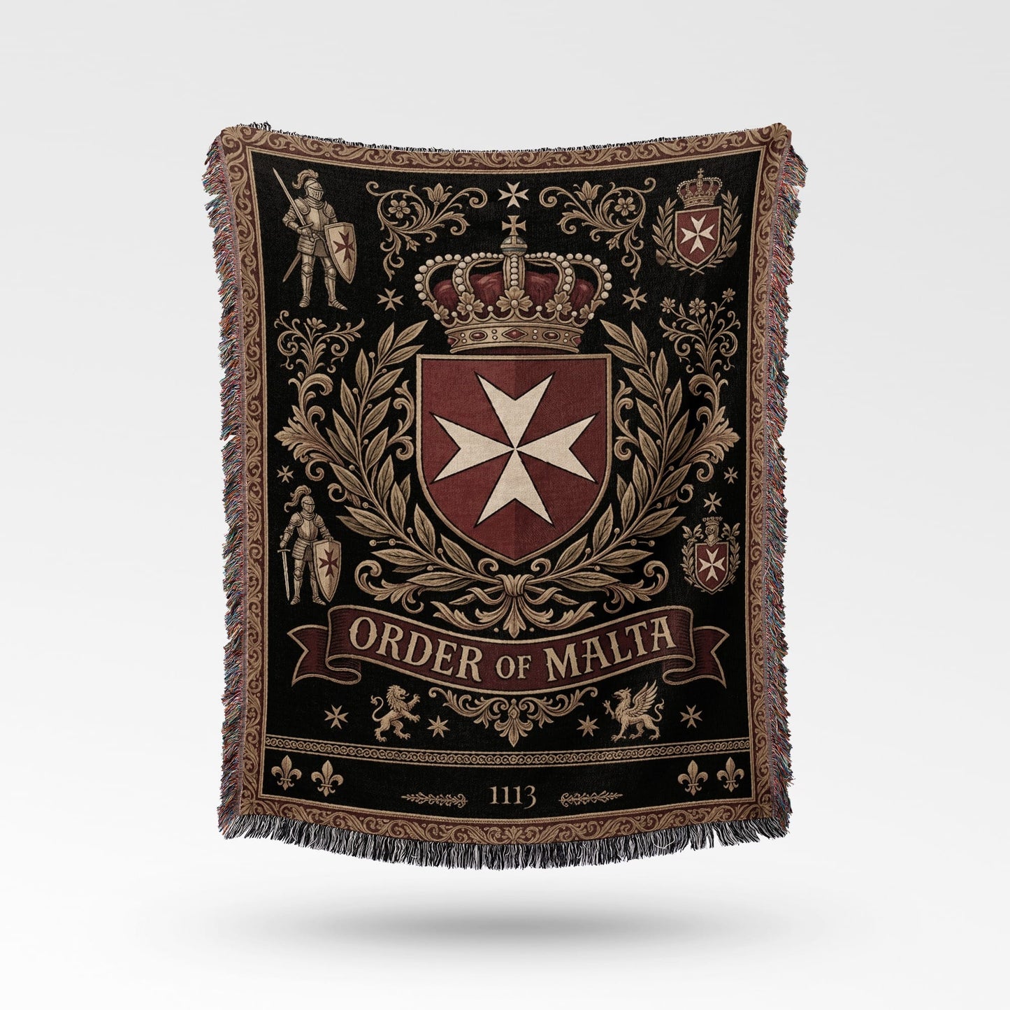 Woven blanket with Order of Malta crest, knights, crown, and year 1113.