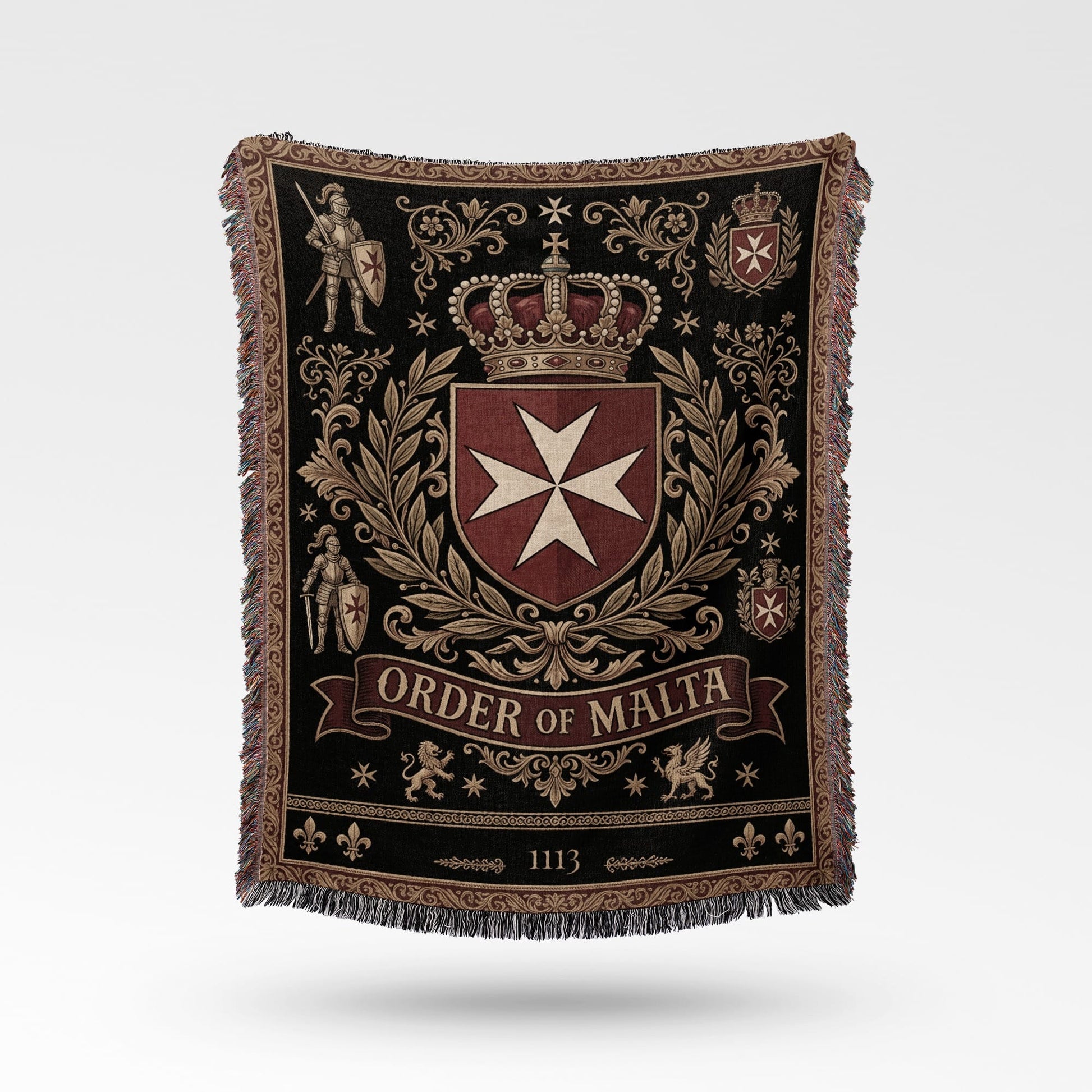 Woven blanket with Order of Malta crest, knights, crown, and year 1113.