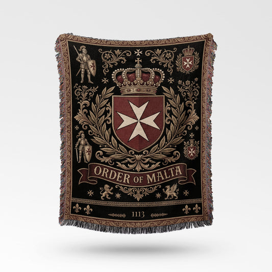 Woven blanket with Order of Malta crest, knights, crown, and year 1113.
