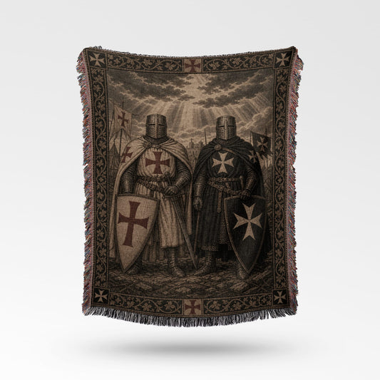 Two Templar knights stand with swords and shields, a medieval tapestry design.