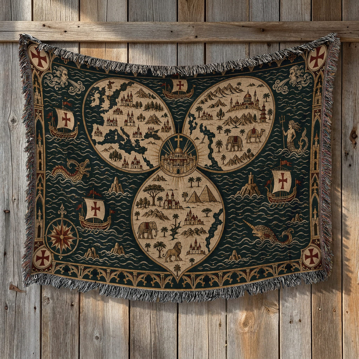 CalmNestStyle Mappa Mundi I Ships and Sea Monsters jacquard woven blanket