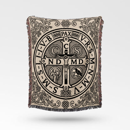 CalmNestStyle Ornate Saint Benedict Medal Design with Grapevine and Knotwork, a Symbol of Christian Heritage and Sacred Protection, Woven Blanket jacquard woven blanket