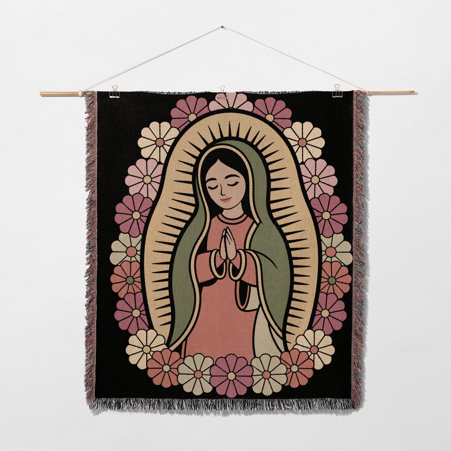 Religious tapestry featuring the Virgin Mary surrounded by flowers.