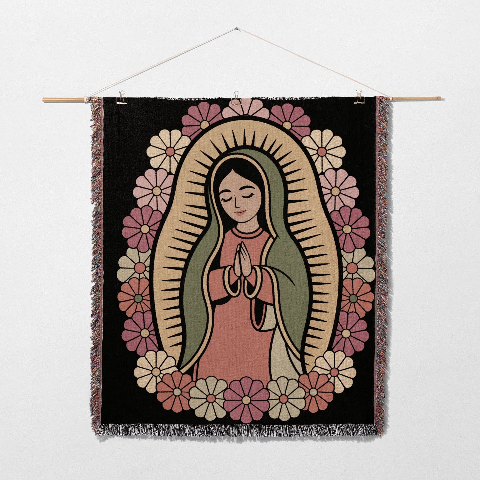 Religious tapestry featuring the Virgin Mary surrounded by flowers.