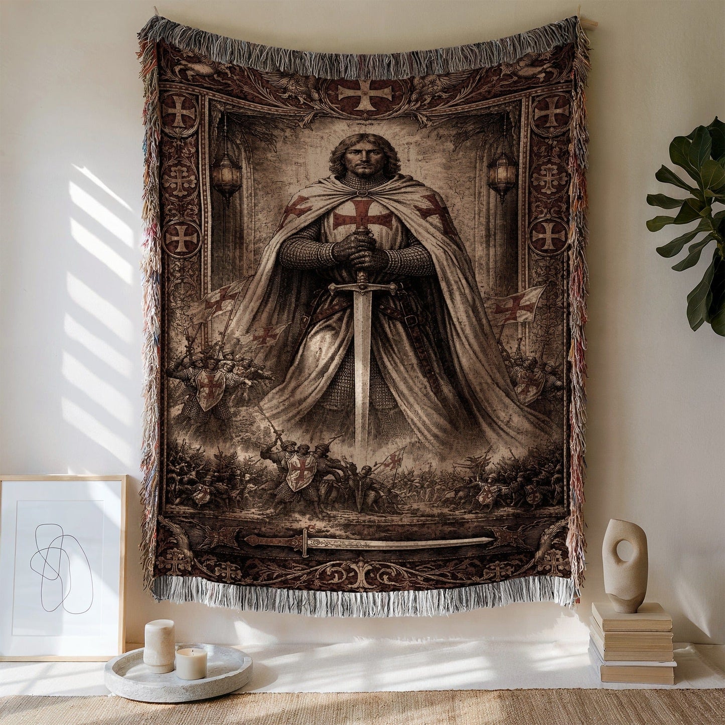 Medieval Knight Holding Sword Wall Tapestry Decor