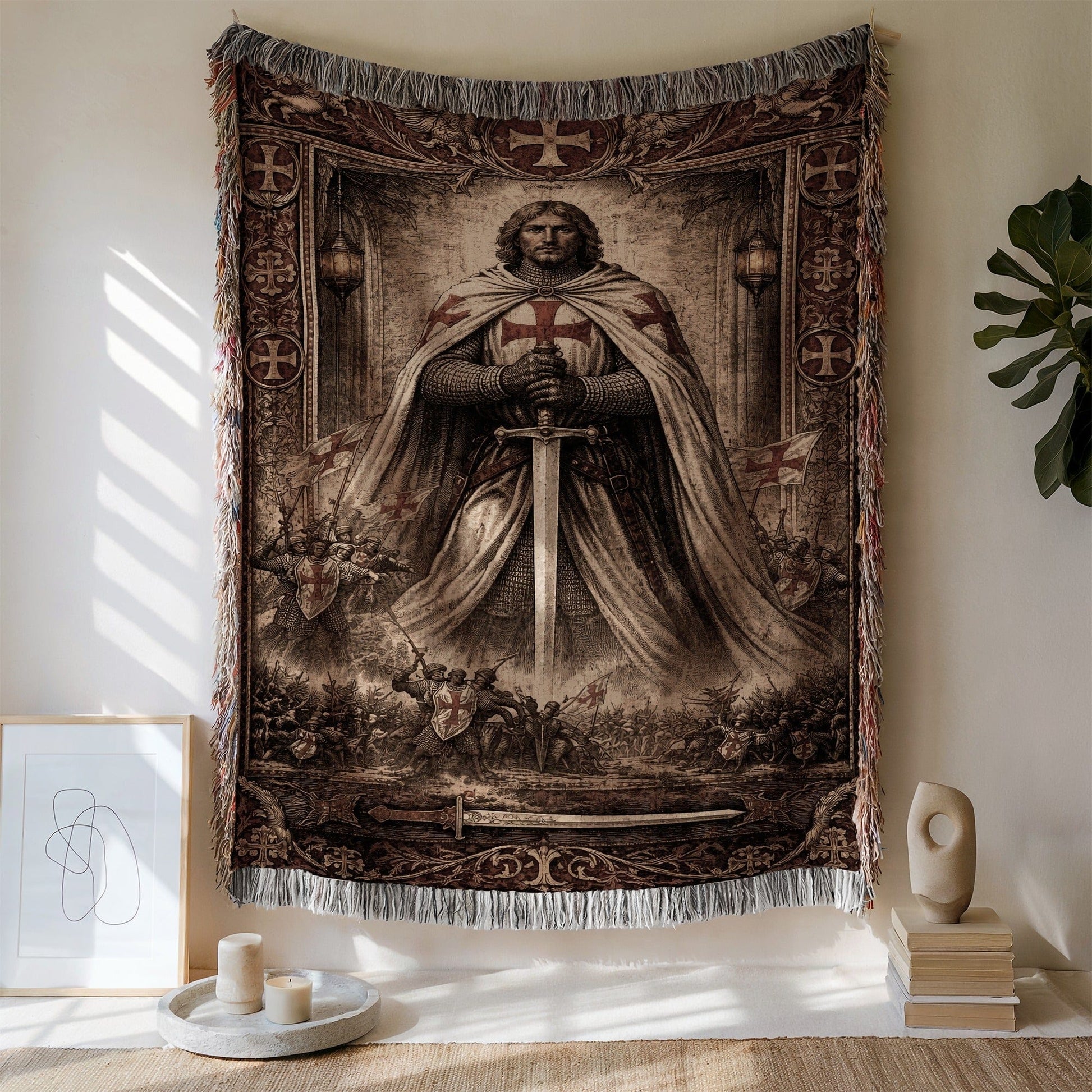 Medieval Knight Holding Sword Wall Tapestry Decor