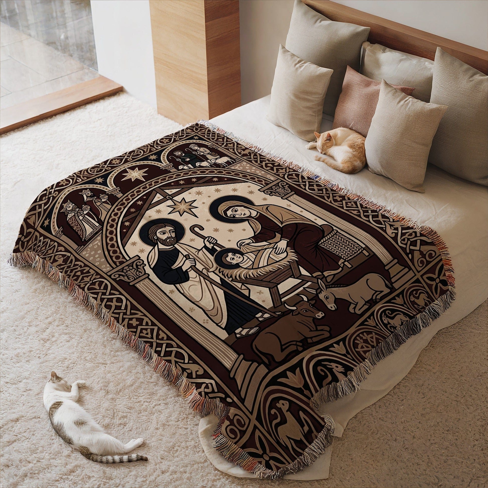 Ornate Nativity Scene Woven Blanket with Tassels