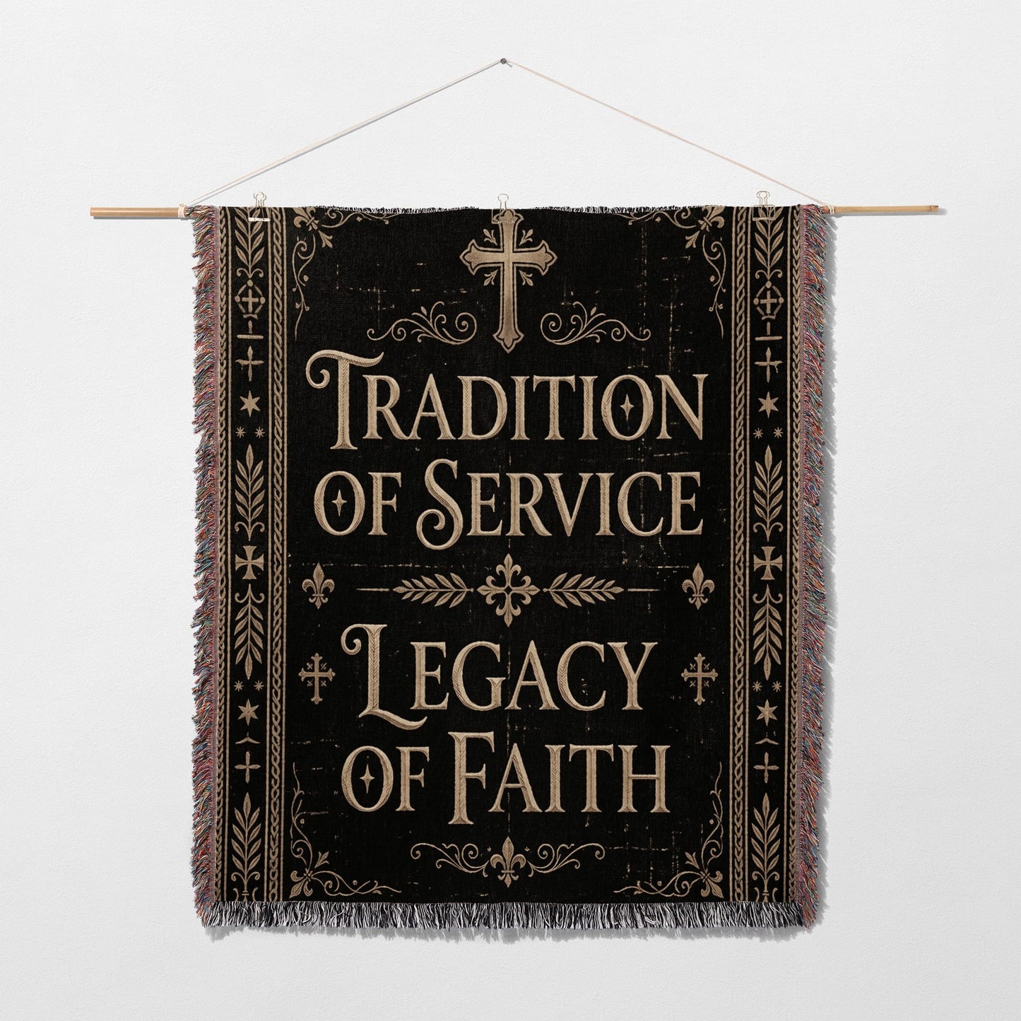 Black tapestry with "Tradition of Service Legacy of Faith" text, a cross, and decorative borders.