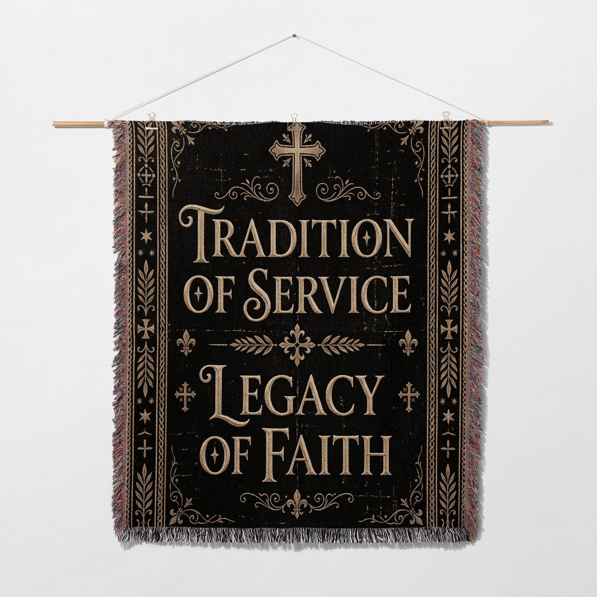 Black tapestry with "Tradition of Service Legacy of Faith" text, a cross, and decorative borders.