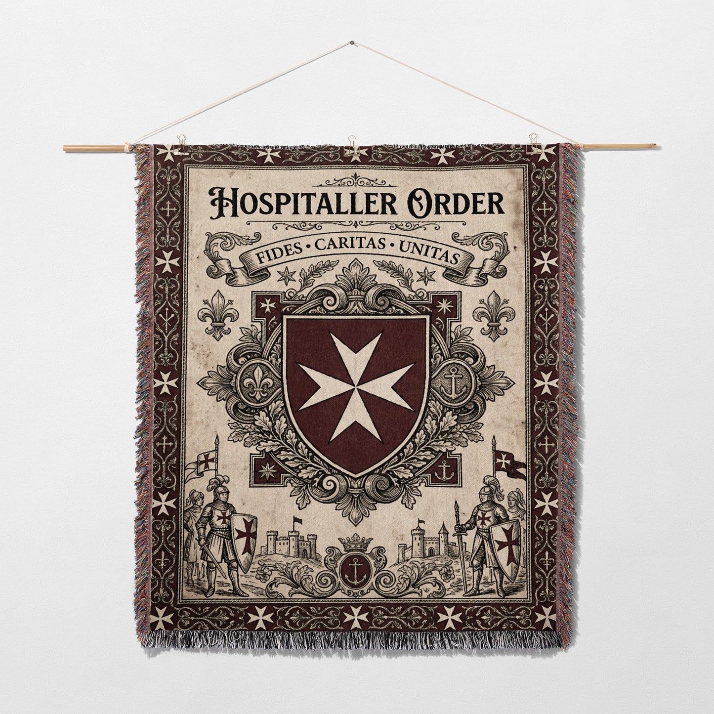 Tapestry with Hospitaler Order crest, knights, anchors, and Latin text.