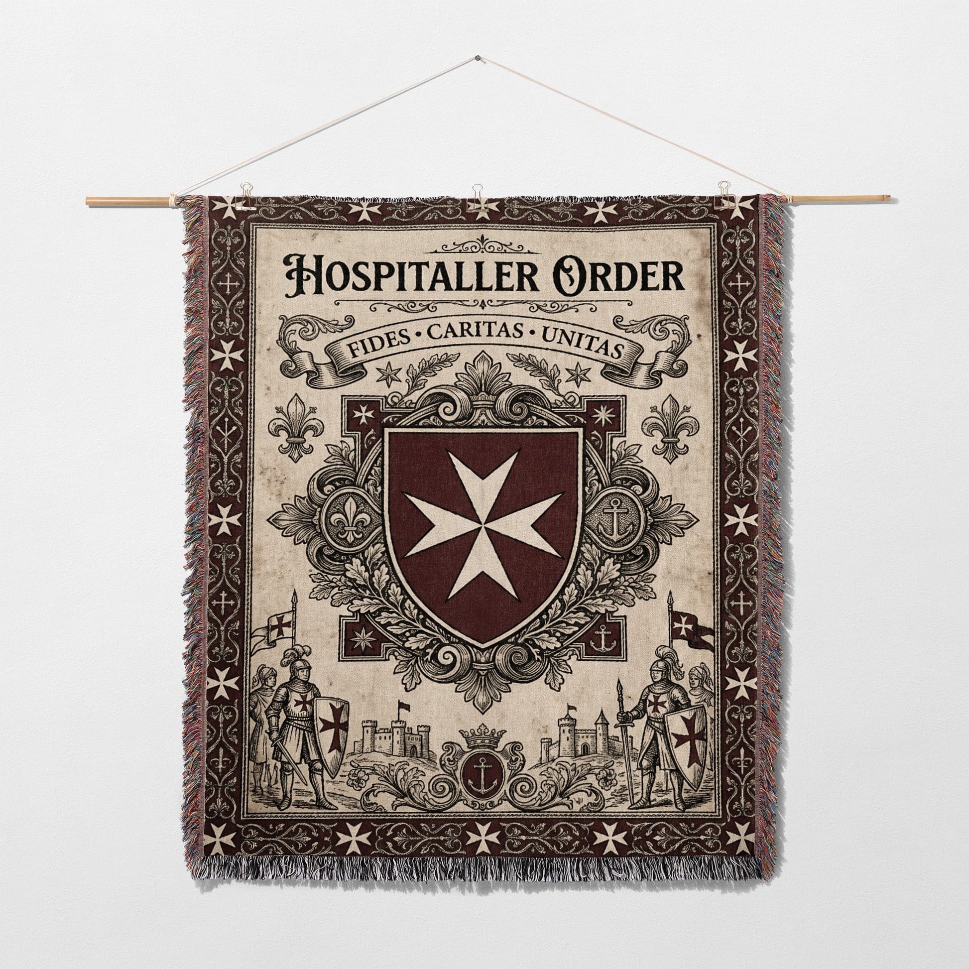 Tapestry with Hospitaler Order crest, knights, anchors, and Latin text.
