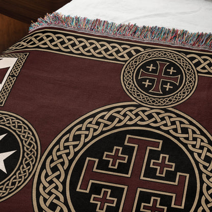 MyDesigns Medieval Wall Hanging Blanket – Red Jerusalem Cross Medallion, Crusader Orders jacquard woven blanket