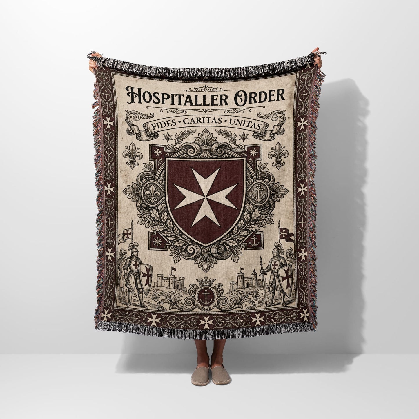 Tapestry with "Hospitaller Order" text, coats of arms, and knights.