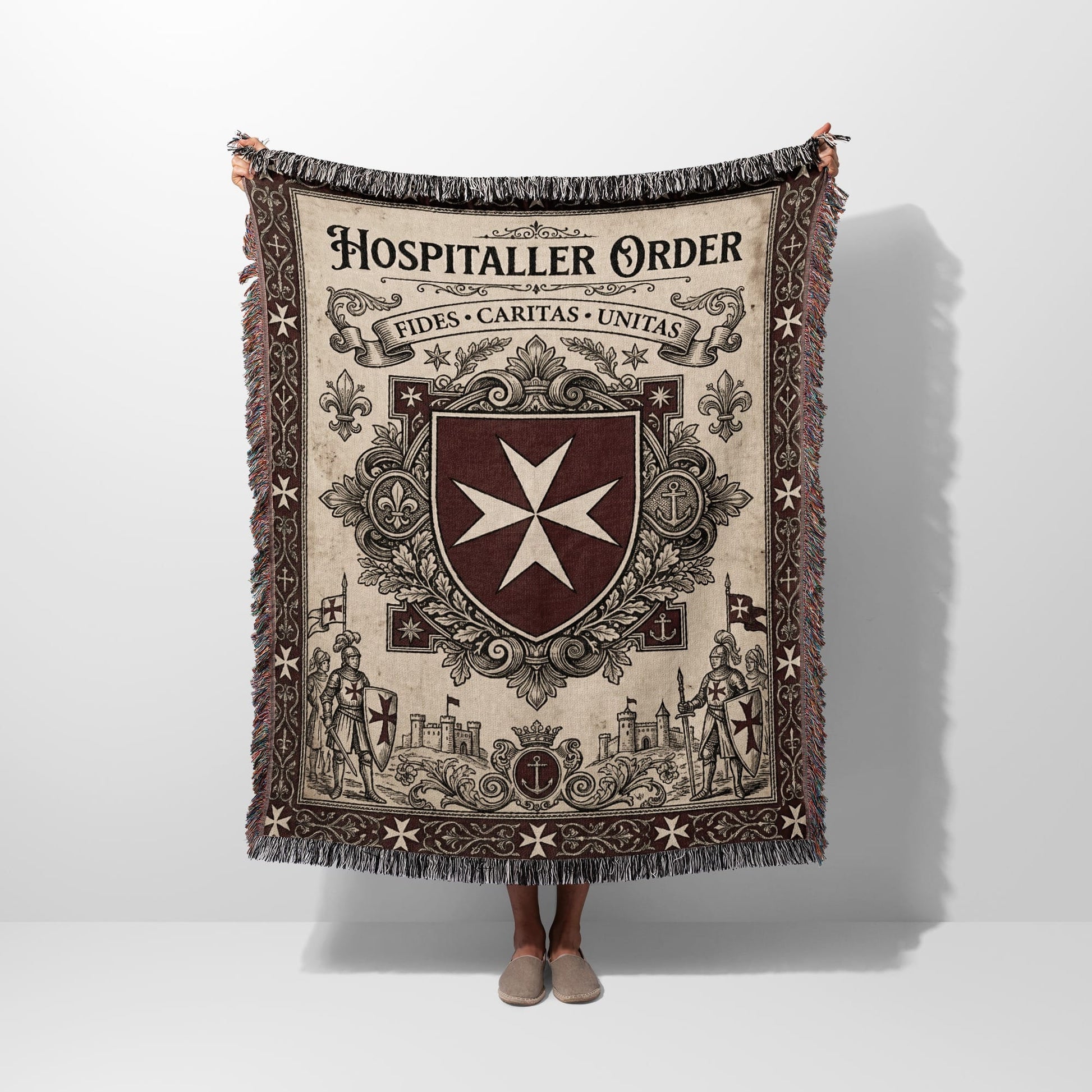 Tapestry with "Hospitaller Order" text, coats of arms, and knights.