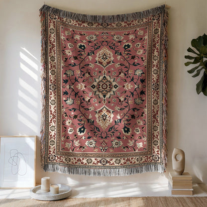 Floral Patterned Tapestry With Fringe Edges Wall Decor