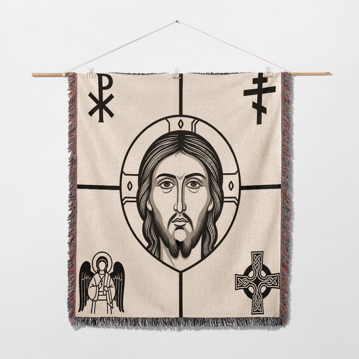 Religious tapestry with Jesus, angel, Celtic cross, and Chi Rho symbol.