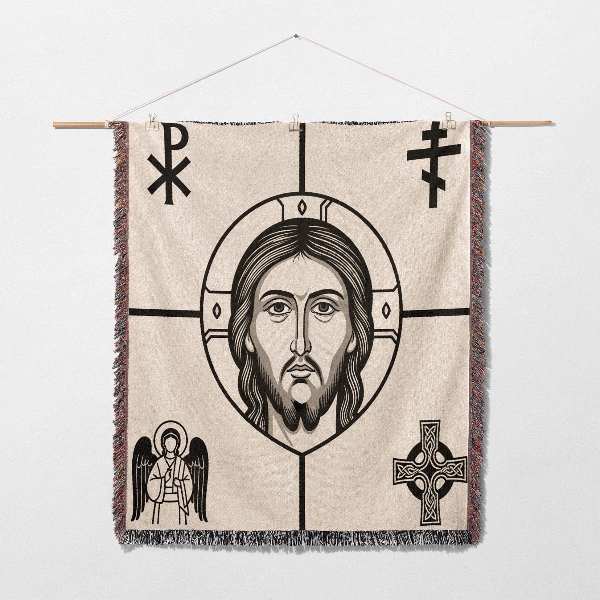 Religious tapestry with Jesus, angel, Celtic cross, and Chi Rho symbol.
