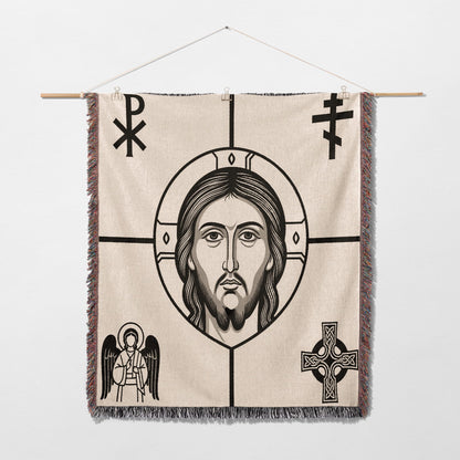 Religious tapestry with Jesus, angel, Celtic cross, and Chi Rho symbol.