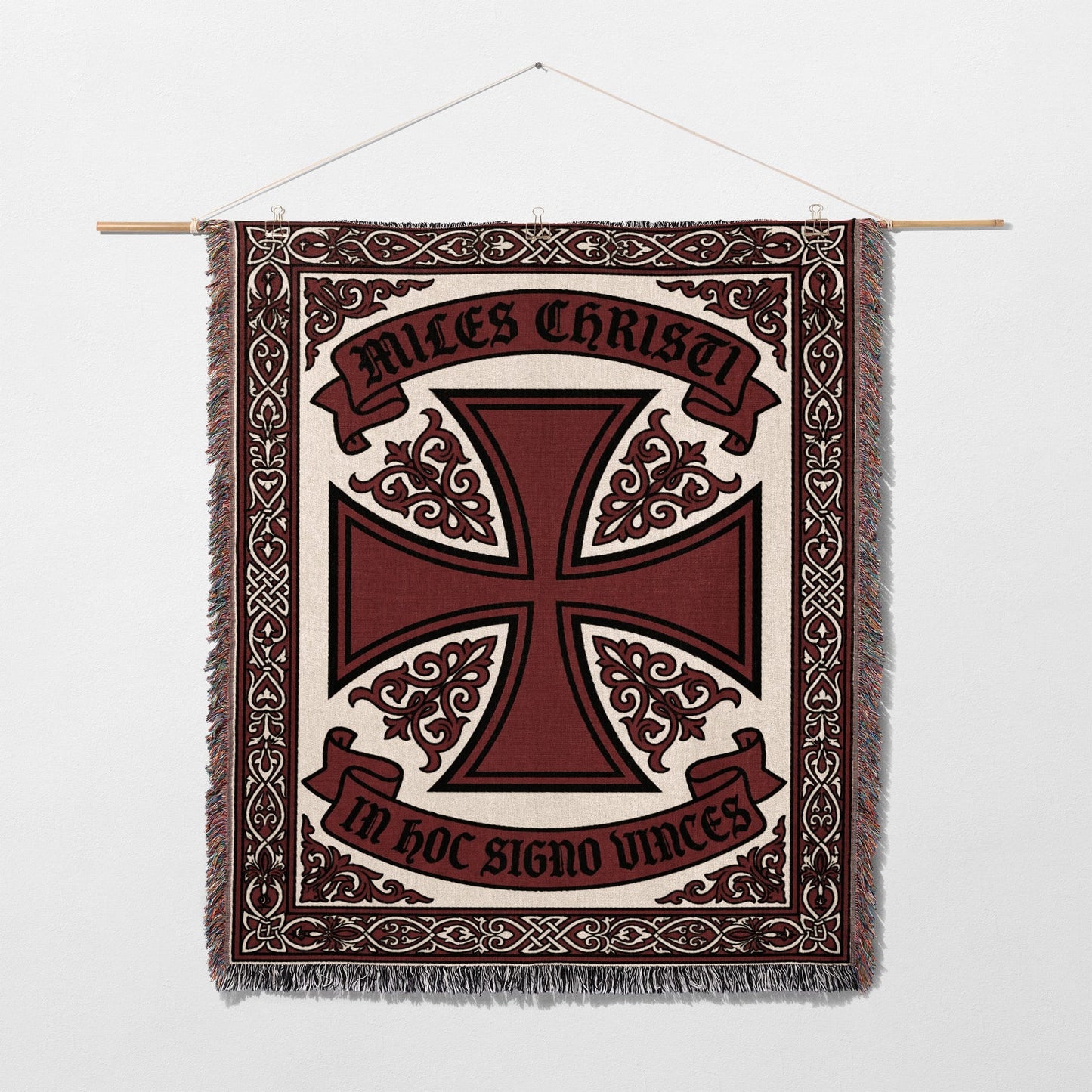 Tapestry with Miles Christi inscription and cross design.