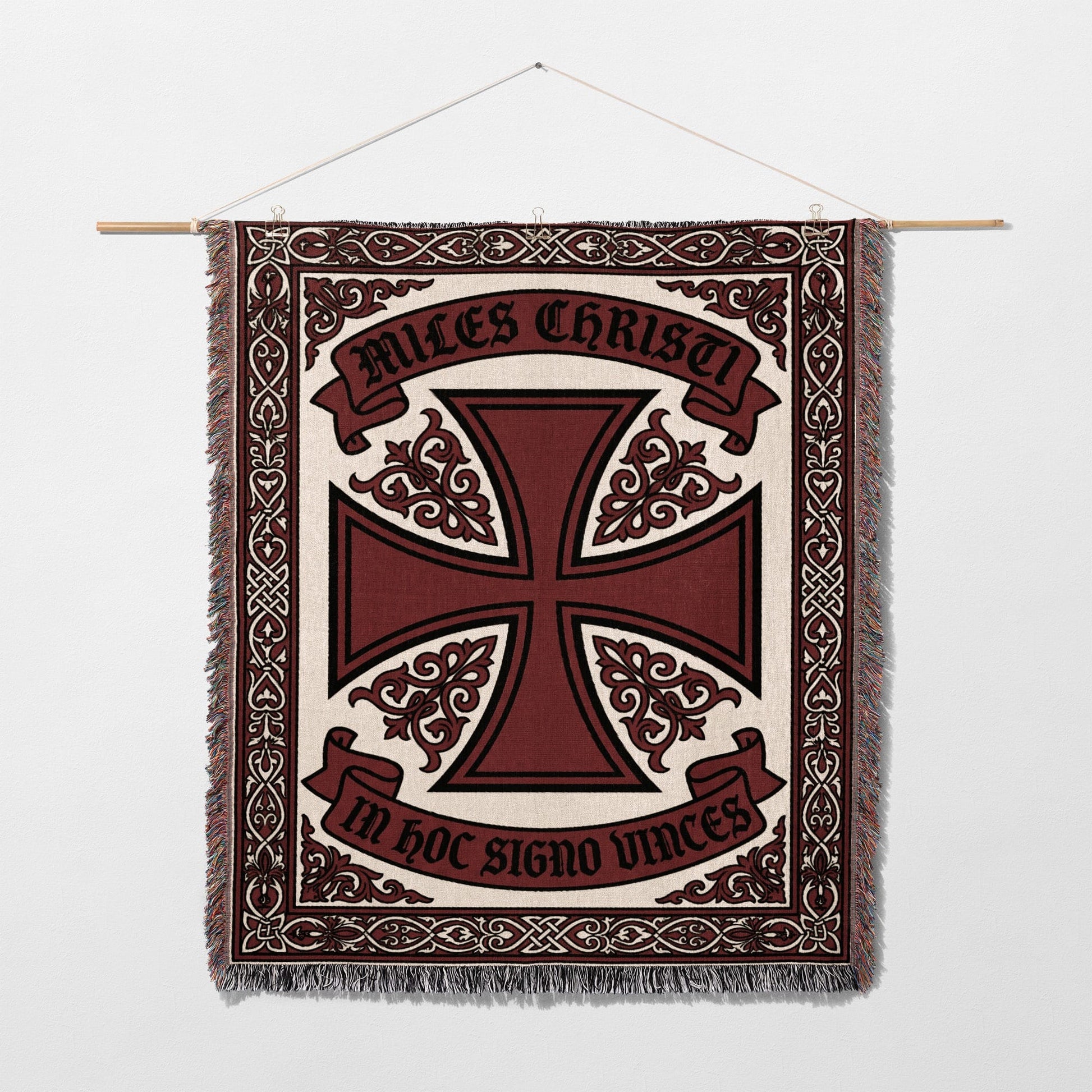Tapestry with Miles Christi inscription and cross design.