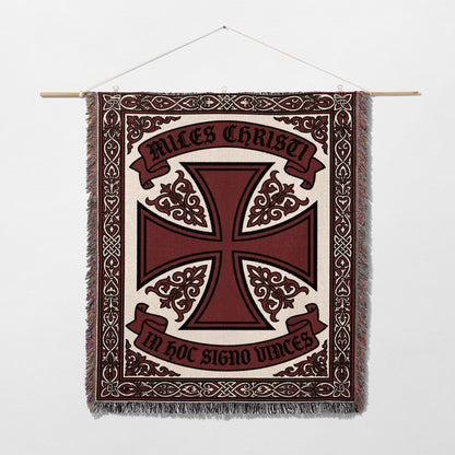Tapestry with Miles Christi inscription and cross design.