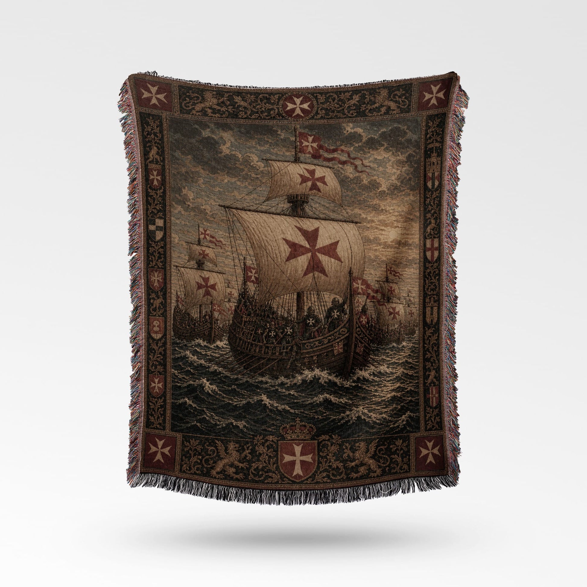 Tapestry blanket with sailing ships and Maltese crosses.