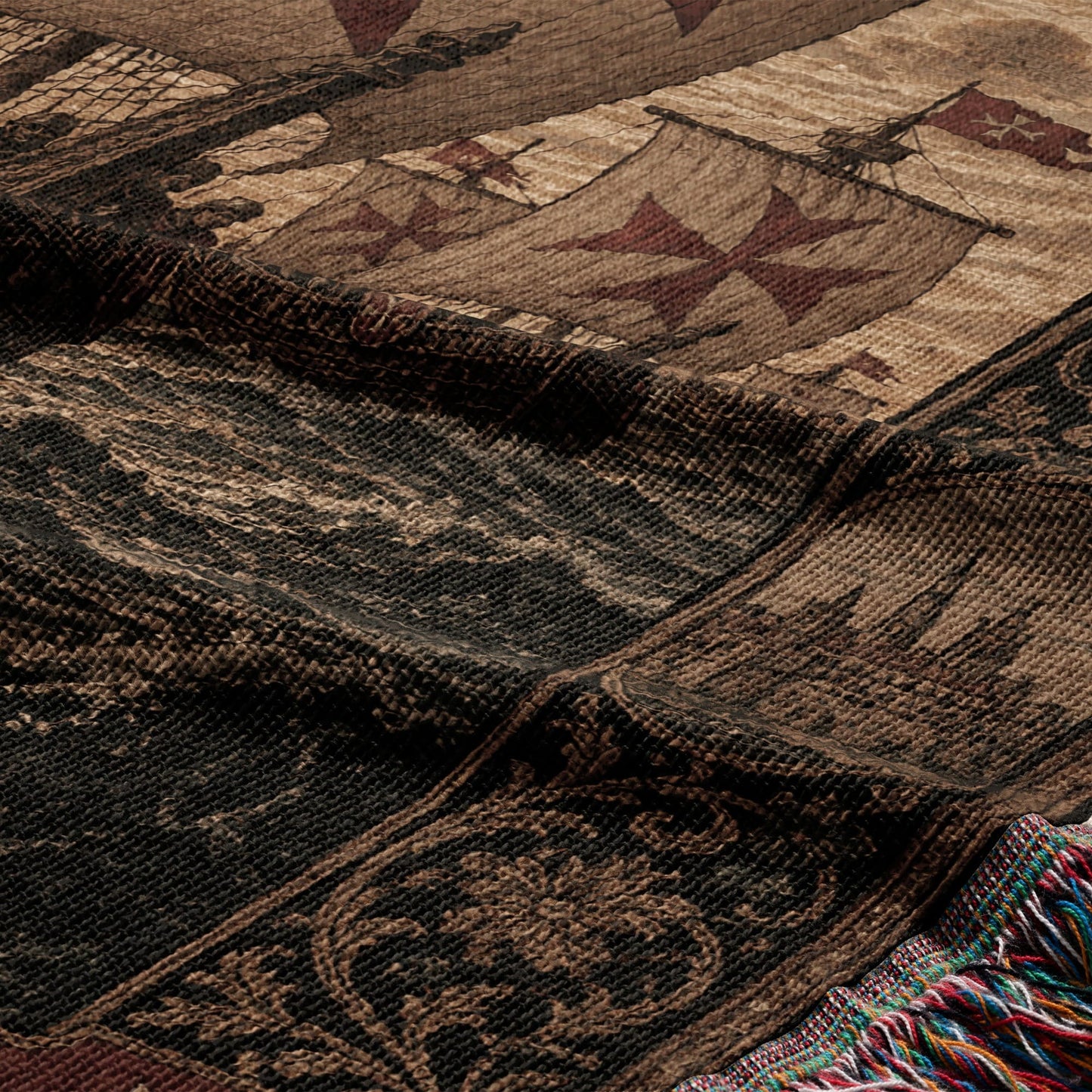 Tapestry with ships, waves, and ornate borders.