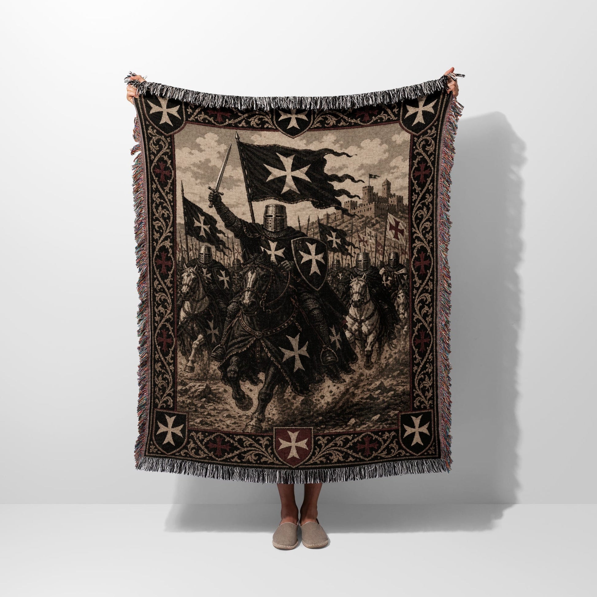 Knights Templar in procession on a tapestry-style throw blanket.