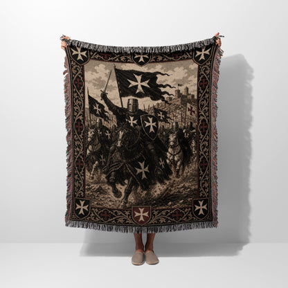 Knights Templar in procession on a tapestry-style throw blanket.